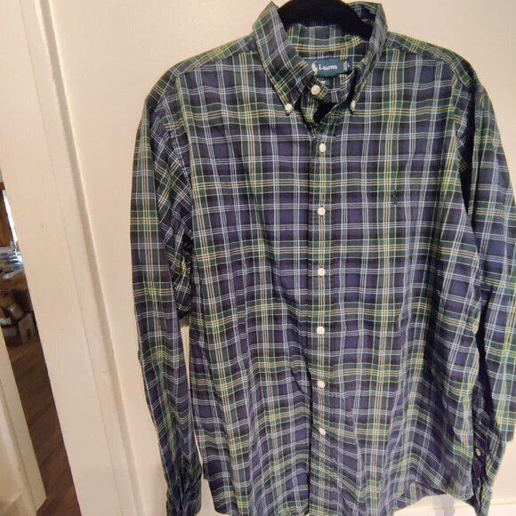 Mens Blue & Green Plaid Summer Weight Button Down Shirt Sz L 100% Cotton - Picture 1 of 3